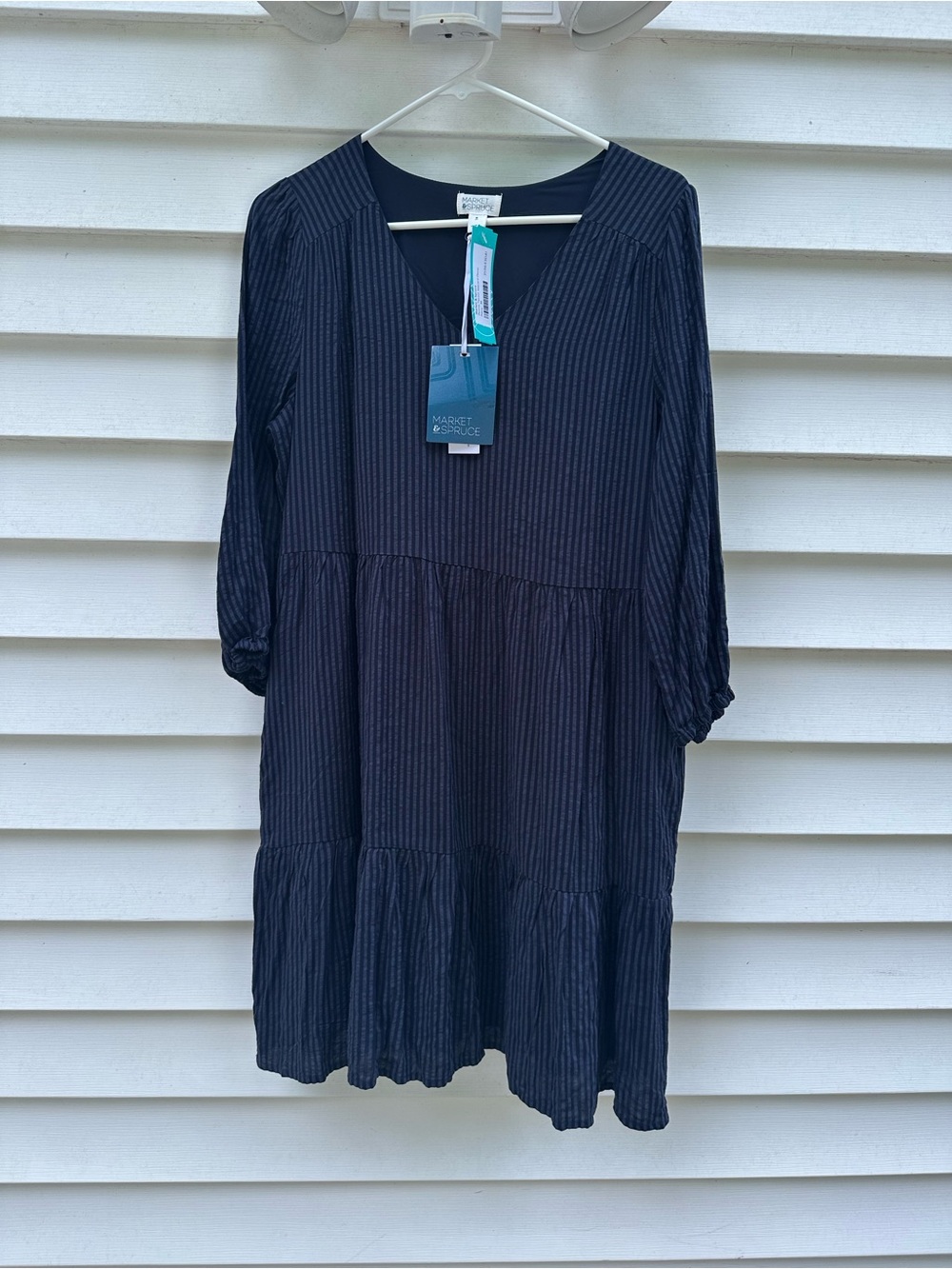 Market & Spruce Navy and Black Pinstripe Tiered V-Neck Long Sleeve Dress